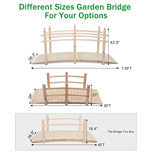 VINGLI 4 ft Garden Bridge, Arch Walkway Wooden Bridge with Safety Rails Natural Finished, Decorative Landscaping Footbridge for Koi Pond, Dry Creek Bed, Garden Pathway or Japanese Zen Decor