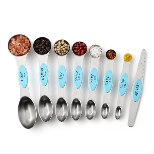 Spring Chef Stainless Steel Magnetic Measuring Spoons Set of 8 with Leveler, Nesting Metal Teaspoon & Tablespoon Measuring Spoons, Fits in Spice Jars, Kitchen Gadgets for Baking & Cooking - Aqua Sky - color: Blue (Aqua Sky), size: 1-Pack