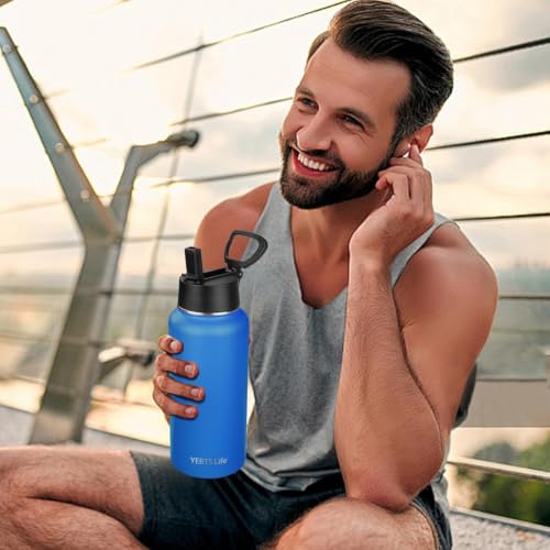 Insulated Water Bottle With Straw,32 oz Vacuum Insulated Stainless Steel Sports Water Flask,Keeps Cold and Hot,Metal Water Bottle Wide Mouth (Black/White/Light Blue/Purple) - color: Black/White/Light Blue/Purple, size: 4 Pack