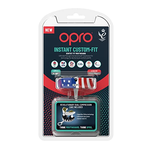 OPRO Instant Custom-Fit Mouthguard – Dentist Level Gum Shield Adult and Kids – OPRO Mouth Guard Boxing and MMA, Self-Fit Gum Shield Rugby – Maximum Protection with Dental Warranty (Black/Gold/Gold) - color: Usa, size: Adult (10+)