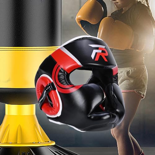 Boxing Headgear Forehead and Ear Protection Thickened Gear Full Face Protection for Training Muay Thai Men Women - color: Red Small