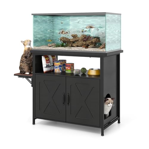 40-50 Gallon Fish Tank Stand with Hidden Cat Litter Box Enclosure Furniture, Cat Viewing Aquarium Stand with Storage Shelf & Side Cat Perch, 36.2"x20.5" Tabletop, 660 LBS Capacity - color: Black