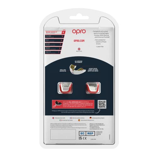 OPRO Instant Custom-Fit Mouthguard – Dentist Level Gum Shield Adult and Kids – OPRO Mouth Guard Boxing and MMA, Self-Fit Gum Shield Rugby – Maximum Protection with Dental Warranty (Red/White) - color: Red/White, size: Adult (10+)
