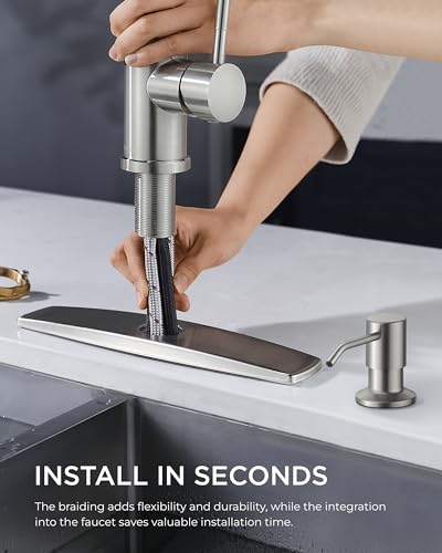 FORIOUS Kitchen Faucets with Soap Dispenser and Pull Down Sprayer, Brushed Nickel, Bar High Arc Single Handle Classic 3 Modes Stainless Steel Faucet for Kitchen Sink Farmhouse RV Laundry Camper