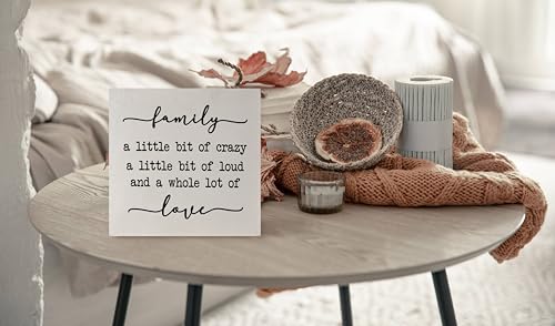KEUSPI Farmhouse Desk Decor,Family a Little Bit of Crazy Rustic Family Wood Block Plaque Box Sign Desk Decor for Home Living Room Wall Tabletop Shelf Decorations 6x6