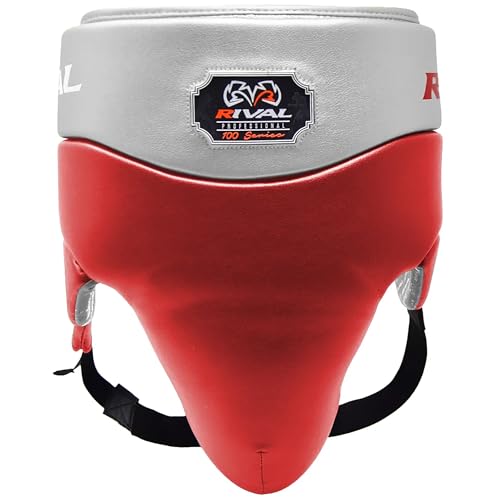 RIVAL Boxing RNFL100 Professional No-Foul Groin Protector with Laces, Dual Waist Straps, Ultra-Lightweight Construction, and Super-Rich Microfibre PU - color: Red/Silver, size: Large