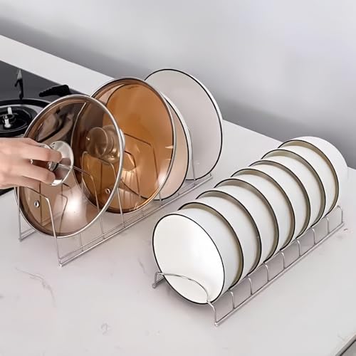 Pot Lid Organizer, 8-Tier Rack Holder, Stainless Steel with Nickel Finish, for Bakeware Dish Plate, Cutting Boards, Pots & Pans, Serving Trays, Reusable Containers in Cabinet Pantry (Long style) - color: Long style