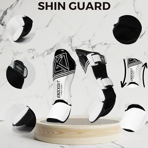 Muay Thai Shin Guards MMA Martial Arts -Padded, Adjustable Leg Guards with Instep Protection for Training and Sparring Gear Kickboxing Equipment – Durable, Professional - color: Black/White, size: Large-X-Large