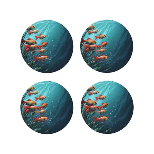 Drink Coasters Set of 4 Leather Coasters for Drinks Fish Aquarium Round Cup Mat Pad Easy Clean Bar Coasters Heat Resistant Funny Cup Coasters for Tabletop Protection,4 Inches