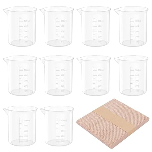 12 Pack 17 Oz Transparent Lab Measuring Cup, 500ml Plastic Beaker Cups with 50 Pack Wooden Stirring Sticks for Science Experiment, Liquid Measuring