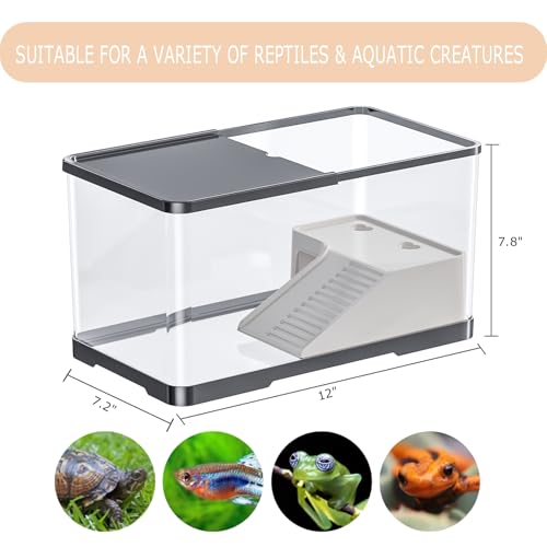 Turtle Tank Starter Kit, Upgraded Aquarium Fish Tank Kit with Filter,Fish Net, Reptile Habitat with Adjustable UV Lamp & Lid,Bask Platform for Crabs,Amphibians,Reptiles.(12"x7.7"x7.2")