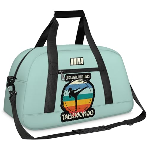 Custom Name Taekwondo Karate Duffle Bag for Kids Girls - Personalized Martial Arts Gear Bag, Water-Resistant Sparring Equipment Bag, Cyan, Polyester, 19.7 x 11 x 9.7 Inches - color: Taekwondo Cyan