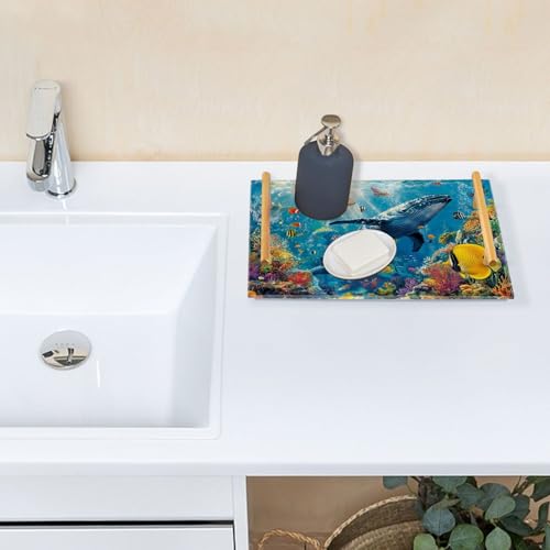 Bathroom Vanity Tray Counter Organizer, Whale and Vibrant Tropical Fish Underwater Decorative Tray with Handles Countertop Storage for Bathroom Bedroom Kitchen Home