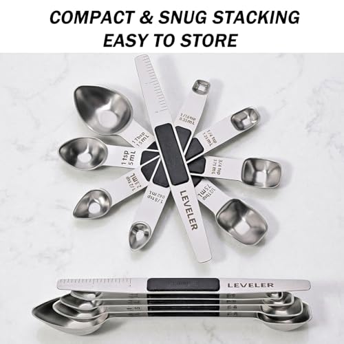 Magnetic Measuring Spoons,Stainless Steel Dual Sided Tablespoons,Extra Long Handle for Deep Jars,Heart-Shaped&Square Heads that More Easier to Excavate,Laser Markings,Non-Slip Grip(set of 5)