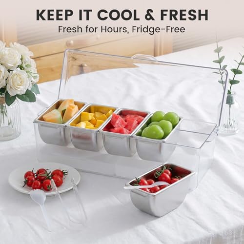 Chilled Condiment Caddy with 5 Removable Stainless Steel Compartments, Includes Portable Insulated Tote Bag and 2 Ice Packs, Serving Tray for Picnic, Outdoor, Party and Travel