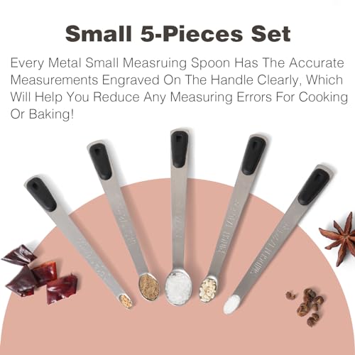 Mini Measuring Spoons Set, Tiny Stainless Steel Measure Teaspoons with Black Silicone Handle, Suitable for Small Amount of Dry or Liquid Ingredients and Spices (1/64, 1/32, 1/16, 1/8, 1/4 tsp) - color: Black