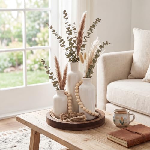 5 Pcs Rustic Country Tabletop Centerpieces Decor Set of 3 Boho Ceramic Vases with Wooden Serving Tray Wood Bead Garland Tassels Table Holder for Home Decorations(Dark Brown)