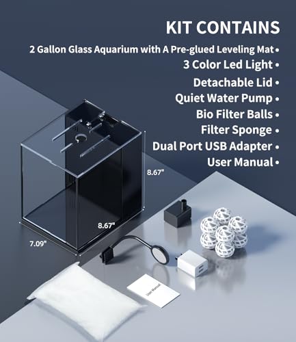 2 Gallon Fish Tank Aquarium Kit with Hidden Filtration, LED Light, Lid, Small Rimless Glass Betta Tank