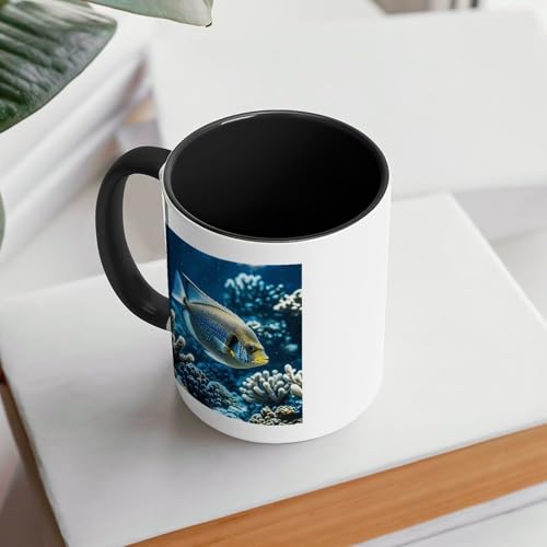 Ocean Fish Ceramic Coffee Mug 11oz with Black Handle Colored Inside Thick Non-Slip Base Heat Transfer Friendly Tea Cup Ideal for Hot Drinks Home Office And Gifting