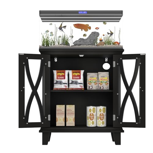 20 Gallon Fish Tank Stand with Cabinet Storage and Power Outlets (4 AC 2 USB), Modern Aquarium Cabinet with Adjustable Shelves, MDF Frame, 298LBS Capacity, Black