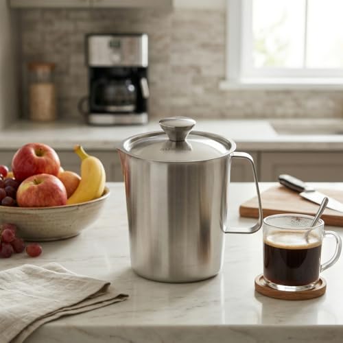 QWORK 304 Stainless Steel Measuring Pitcher with Lid 32oz/1L, Dual Scales Wide Mouth Graduated Cup for Espresso, Milk Frothing Jug with Handle