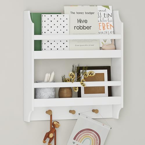 UTEX Floating Nursery Bookshelves, 2-Tier Wall Shelf with 3 Hooks, White