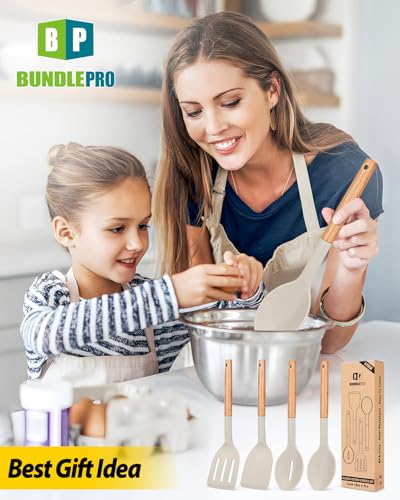 Pack of 4 Silicone Cooking Utensils Set, Non Stick Solid Spatulas and Heat Resistant Slotted Spoons with Wooden Handle, Ideal Wood Kitchen Utensils Set for Frying,Serving,Turning,Stirring (KHAKI)