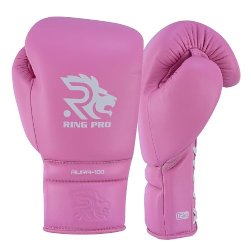 Aura 100 Full Grain Leather Lace Up Boxing Gloves for Men & Women – Professional Training, Sparring, Competition, Muay Thai, Kickboxing & Heavy Bag Gloves - color: Pink, size: 14 OZ