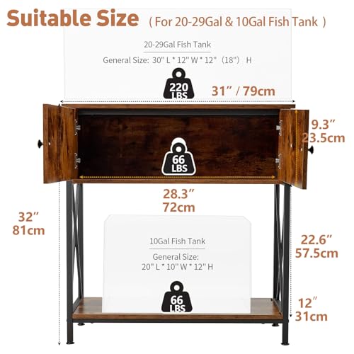20-29 Gallon Aquarium Stand with Cabinet, 20 Gallon Long Fish Tank Stand with 31''L * 12''W Tabletop, Double Heavy Metal Stand with Stable Structure, Adjustable Table Feet - Rustic Brown - color: Rustic Brown 20-29Gallon, size: 20-29Gallon