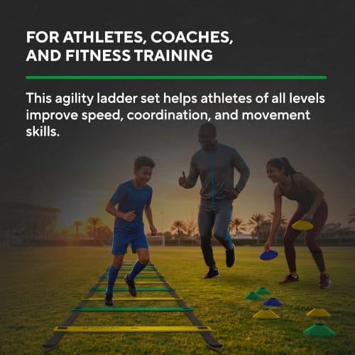 Agility Ladder Set, 12-Rung Speed Ladder + Training Cones, Soccer Training Equipment, Footwork Drills Kit, Speed & Agility Equipment, Football Practice Equipment, Basketball Gear - color: Yellow and Green