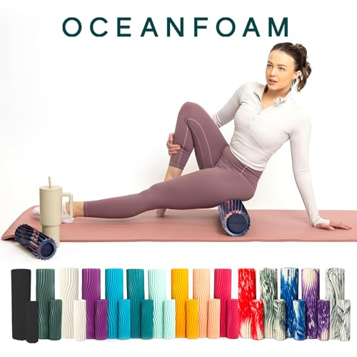 Oceanfoam Ripple Travel Foam Roller (11" x 3.35") Firm Mini Foam Roller for Physical Therapy, Deep Tissue Massage, Back Pain - High Density, Wave Textured - Yoga (Red, Dark Navy & Natural Marbled) - color: Red, Dark Navy & Natural Marbled