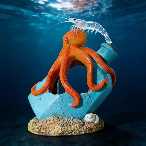 Resin Octopus and Broken Bottle Aquarium Ornament, Fish Tank Decor Hideout for Shrimp and Small Aquatic Species, Blue