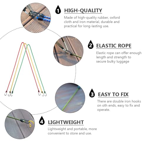 ULTECHNOVO 6pcs Outdoor Elastic Bungee Cords with Hooks 1.2m Long 8mm Thick Multi-Functional Tent Fixing Straps and Luggage Tie Rope Set (Yellow, Red, Green)
