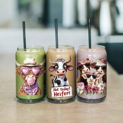 arricraft 10 Pcs Cattle Theme Cup Printing UV Transfer Papers, 10 Styles Highland Cattles Funny Cows PVC DIY Heat Transfer Stickers for 16 OZ Glass Cups Crafts 9.5x4.3inch - style: Cattle Theme