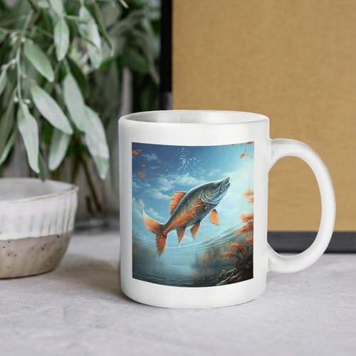 11oz White Ceramic Coffee Mug Funny Safflower Flying Fish Tea Cup Microwave & Dishwasher Safe, Lead-Free for Home Office Daily Use & Gifting - color: Safflower Flying Fish