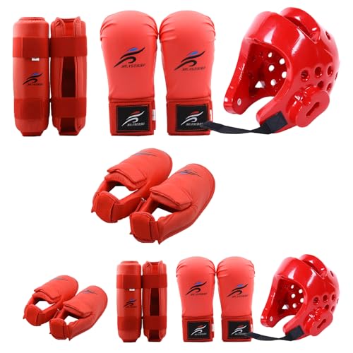 Red Sparring Gear Set, Boxing Headgear Safety Helmet Karate Gloves Karate Shin Guards Boxing Gear Equipment for Beginner Kid Adult Protective Training M