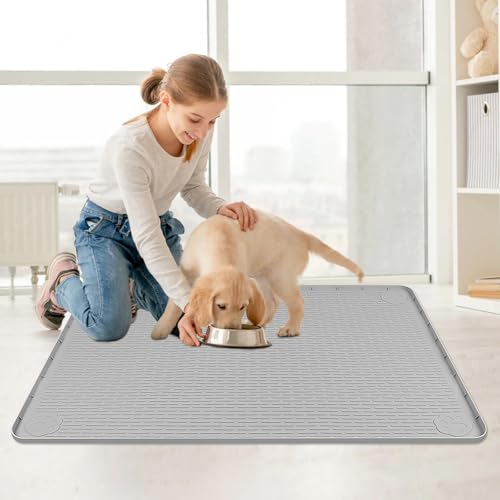 Cat Food Mat, 40" x 28" Cat Litter Mat Extra Large Silicone Pet Feeding Mat with Raised Edge Pet Placemat for Food and Water Bowl Non-Slip, Easy to Clean, Floor Protection (Light Gray) - color: Light Gray Mat