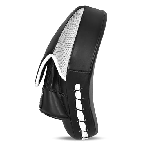 Boxing Pads Curved Focus Mitts, Maya Hide Leather Hook and jab Training Pads, Adjustable Strap Ventilated, MMA Muay Thai Kickboxing Coaching Martial Arts Punching Hand Target Strike Shield - color: Black-Whit
