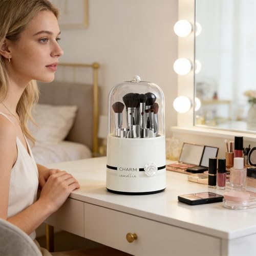 Plastic Makeup Brush Storage Organizer with Multiple Sections – Portable Rotating Cosmetic Brush Holder for Bathroom and Dressing Area,Flower Pattern - style: Flower Pattern