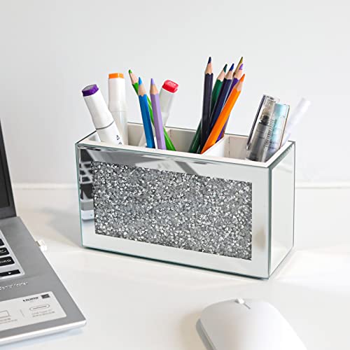 Silver Makeup Brush Holder Organizer, Bling 3 Slot Crushed Diamond Crystal Mirrored Cosmetic Brushes Storage, Eyeliners Eyebrow Pencil Display Case
