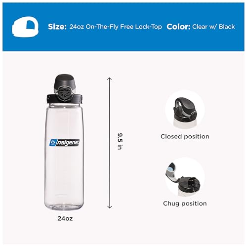 Nalgene 24 oz On The Fly Lock-Top Water Bottle, Clear w/Black | Easy Chug Cap with Locking Lid, Cup Holder Size, BPA-Free, Durable & Leak Proof, Lightweight Bottle for Hiking, Gym & Travel - color: Clear with Black, size: 22 Ounces