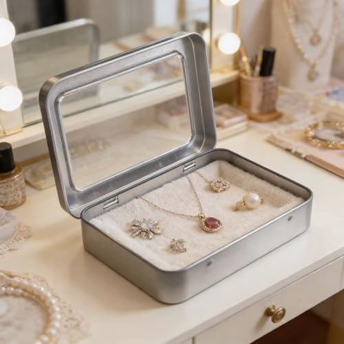 24 Pieces Rectangle Metal Tins Containers with Hinged Window Lids Mini Storage Organizer Set for Home Kitchen, Office and School Supplies, 4.5 x 3.3 x 0.9 inch (Silver)