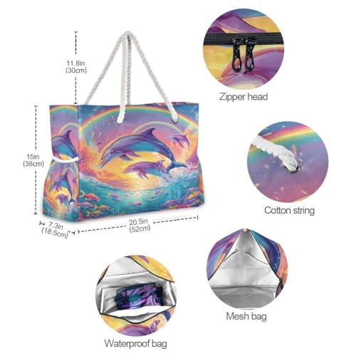 senya Large Beach Bags Totes Canvas Tote Shoulder Bag Soft Wave Water Resistant Bags for Gym Travel Daily Ocean - color: Dolphin Ocean Rainbow