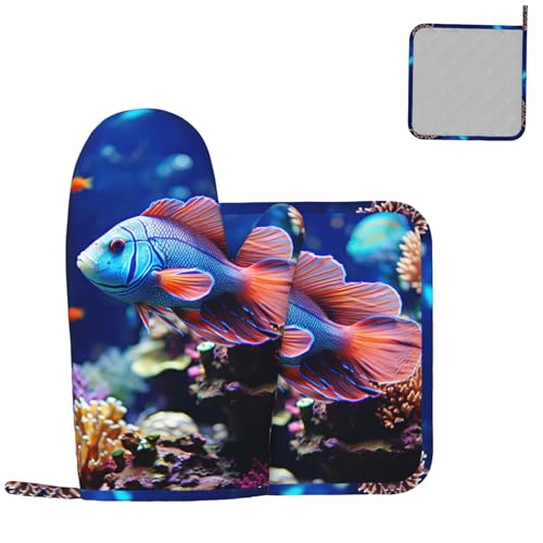 Coral Reef Fish Aquarium Oven Mitts and Pot Holders Sets of 2 Heat Resistant Silicone Oven Gloves Hot Pad Non-Slip Long Oven Mitts Potholders Extra Thicken Kitchen Mittens for Cooking