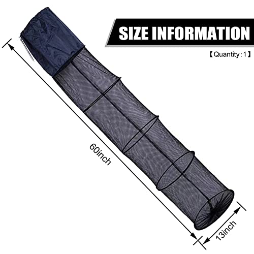 Fishing Cage Basket, Collapsible Nylon Fish Baskets, Fish Keeping Net with Anchor Bolt, for Minnows,Crab,Shrimp,Crawfish-Black(60X13 in)