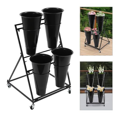 Flower Display Stand with 4 Buckets, 2 Layers, Cut Flowers Shelf Display Holder for Outdoor, Indoor, Patio, Garden, Living Room, Florist, Black - style: 2 Layers 4 Buckets Black