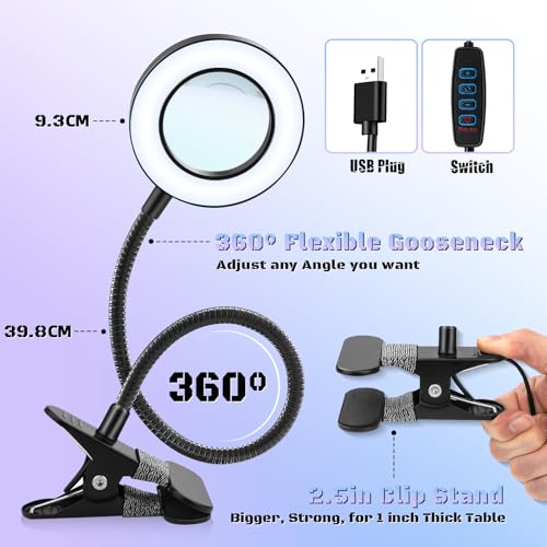10X Magnifying Glass with Light, Clip on Mganifier with Light, 48 LED Desk Magnifying Glass wtih Clamp, 3 Modes Dimmable Magnifying LED Lamps for Bed Work Crafts DIY B