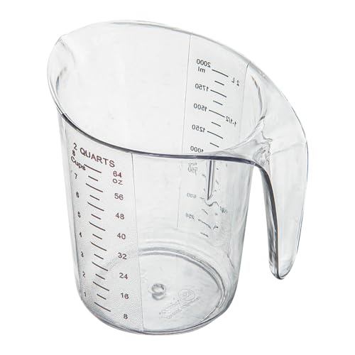 Restaurantware RW Base 2 Quart Measuring Jar 1 Durable Measuring Beaker - Metric And Imperial Units V-Shaped Spout Clear Plastic Measuring Cup Handle With Thumb-Grip Tolerates Up To 248F - color: Clear, size: 7.75" × 6.00" × 7.50"