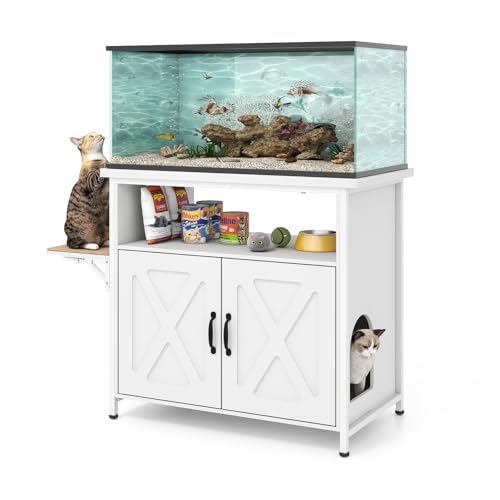 40-50 Gallon Fish Tank Stand with Hidden Cat Litter Box Enclosure Furniture, Cat Viewing Aquarium Stand with Storage Shelf & Side Cat Perch, 36.2"x20.5" Tabletop, 660 LBS Capacity