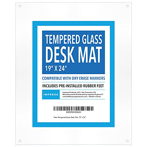 IMPRESA Clear Tempered Glass Desk Mat - 19 x 24 in, Clear - Table Protector & Desktop Mat for Office Accessories with Dry-Erase Surface & Preinstalled Rubber Feet